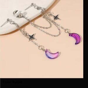 Silver Chain Star & Purple Moon Dangle Earrings